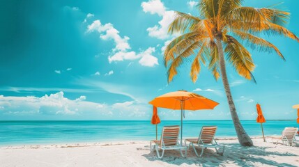 Tropical Haven Midday Beach with Majestic Palms and Shady Parasols