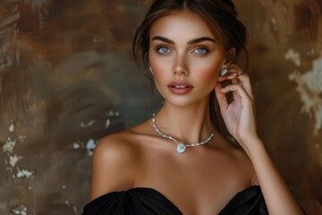 A beautiful young woman with long brown hair and green eyes wearing a black off-the-shoulder dress and a silver necklace.  She is looking at the camera with a soft smile.