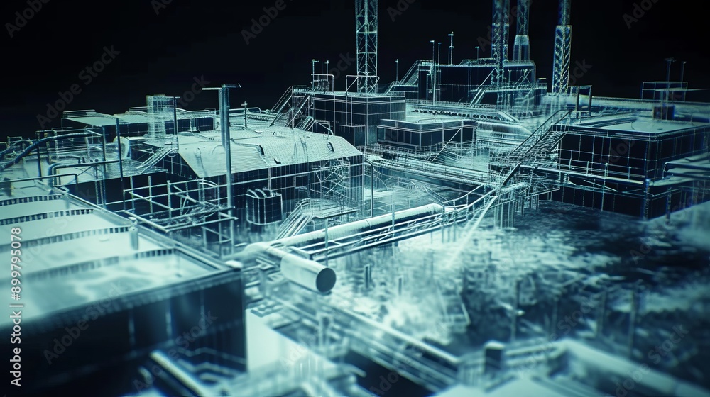 Poster This digital rendering features a futuristic industrial facility with complex structures and machinery. The image showcases an advanced technological environment, perfect for visualizing future