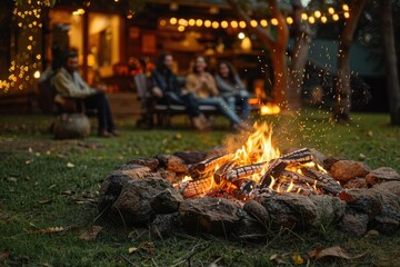 A bonfire burns brightly in a backyard, surrounded by friends enjoying the warmth and light.