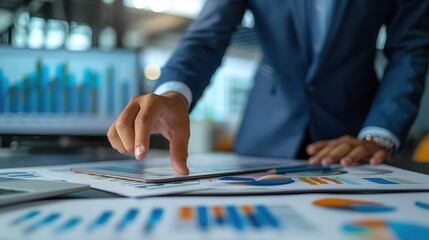 Fototapeta premium A businessman's hand points at a chart on a desk, reviewing financial data and analyzing business performance.