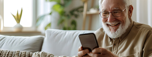 A smiling, elderly man looks at the smartphone in his hand while sitting on a light-colored couch against a light-colored living room backdrop.