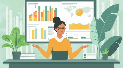 A businesswoman presenting data and charts during a meeting. vector