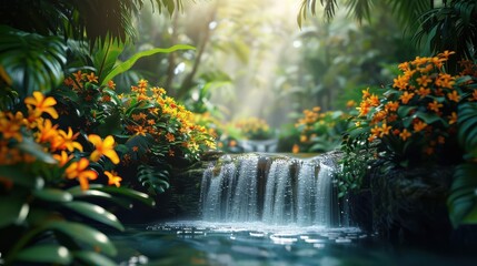 Naklejka premium A cascading waterfall flows through a lush, tropical jungle, sunlight filtering through the dense canopy.