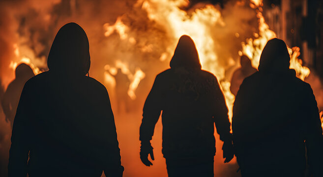 A violent riot or street fight of criminal gangs or extremists, faces in shadows, black clothes and hoods, fire and flames in the background, looting.