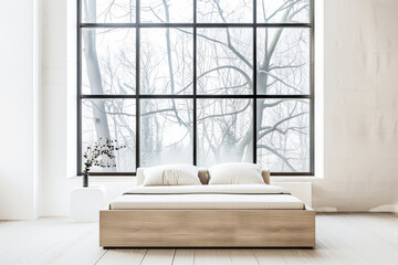 Luxury bedroom interiors composition with a large bed placed next to a window. Residential Real Estate conceptual image.