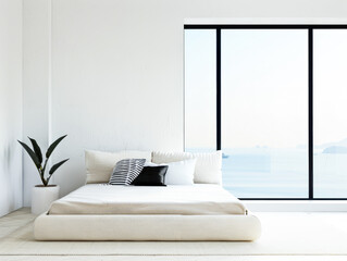 Luxury bedroom interiors composition with a large bed placed next to a window. Residential Real Estate conceptual image.