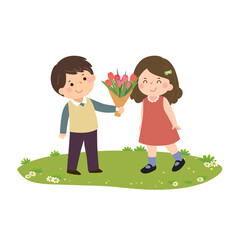 Cartoon little boy giving a bouquet of tulip flowers to girl