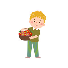 Cartoon little boy holding basket of flowers his hands