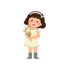 Cartoon little girl holding a bouquet of flowers