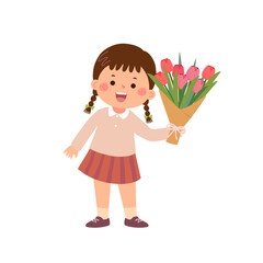 Cartoon little girl giving a bouquet of tulips flowers
