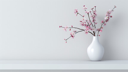 A vase of cherry blossoms on a minimalist shelf, there is empty space for text next to it, Ai generated Images