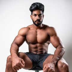 Obraz premium A handsome young Indian muscular men with bold muscular legs close up shot, on white background