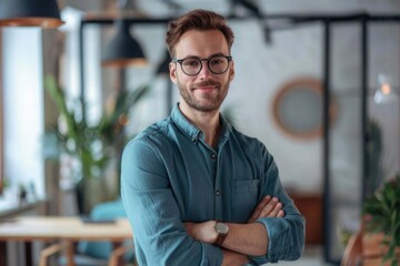 Fototapeta premium Portrait successful confident smart young adult business man or manager ,wearing stylish clothes, standing in office, looking at camera, arms crossed, friendly smiling