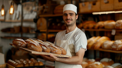 A baker in a white apron, holding a tray of freshly baked bread, standing in a bakery, smiling .