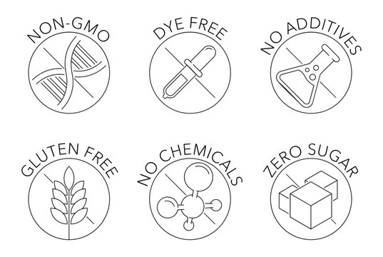 Icons set of additives for labeling, circle in thin line