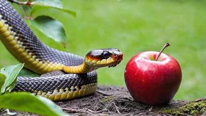 Snake with an apple on tree branch. Forbidden fruit.