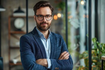 Naklejka premium Portrait successful confident smart young adult business man or manager ,wearing stylish clothes, standing in office, looking at camera, arms crossed, friendly smiling