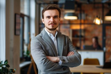 Obraz premium Portrait successful confident smart young adult business man or manager ,wearing stylish clothes, standing in office, looking at camera, arms crossed, friendly smiling