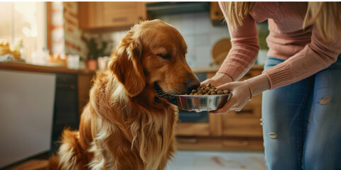 A dog owner feeding her golden retriever bowls of food in a modern kitchen