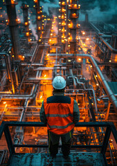 Fototapeta premium A lone figure in a safety vest stands on a catwalk overlooking the factory floor, surveying the industrial landscape below.