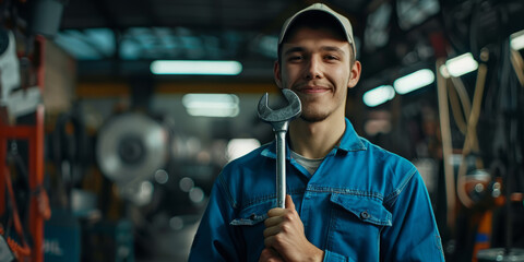 A mechanic in blue overalls, holding a wrench, standing in an auto repair shop, smiling.