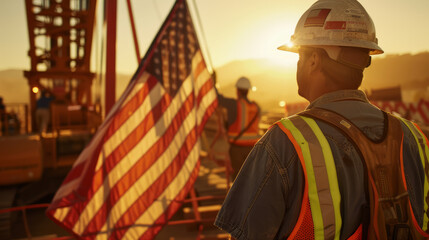 Obraz premium American Flag on a windy day with workers in hard hats and reflective vests, working on a construction site on Labor Day.