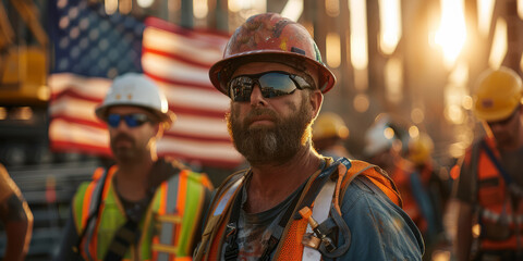 Fototapeta premium American Flag on a windy day with workers in hard hats and reflective vests, working on a construction site on Labor Day.
