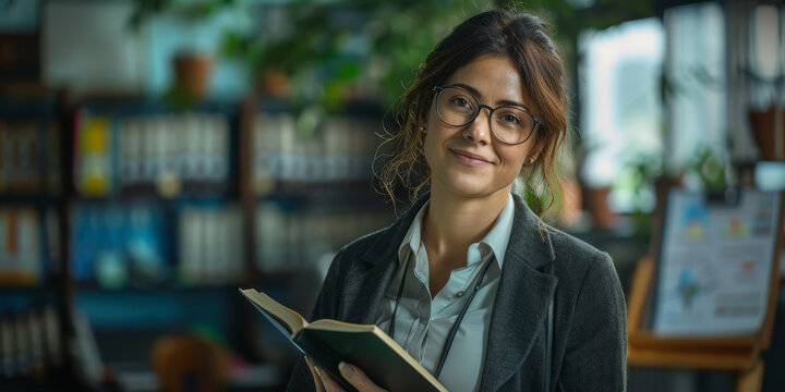 A teacher in professional attire, holding a book, standing in a classroom, smiling .