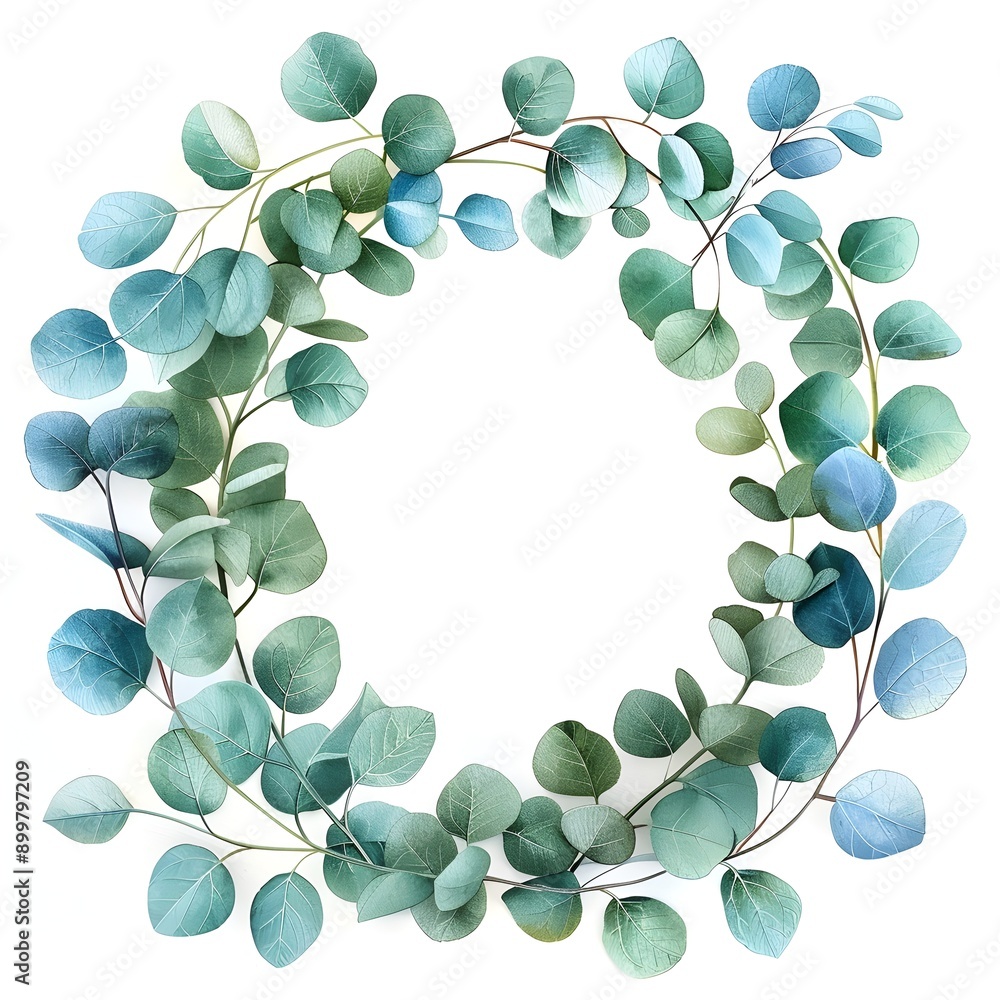 Poster soft watercolor eucalyptus leaves arranged in a circular botanical frame on a minimal white backgrou