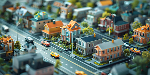 Cityscape with Houses Real Estate Investment Market Analysis, A charming small town scene with a fountain and lush trees Perfect for illustrating a peaceful urban environment, GENERATIVE AI

