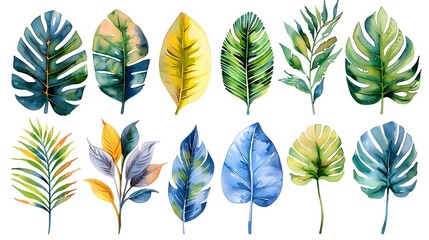 Fototapeta premium Vibrant Watercolor Tropical Leaf Set on White Background with Copy Space