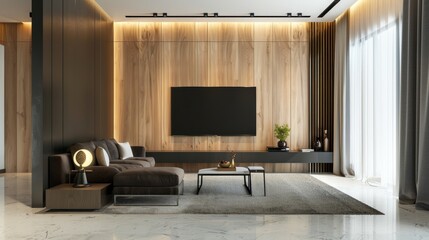 Modern living room with large flat screen TV and black coffee table