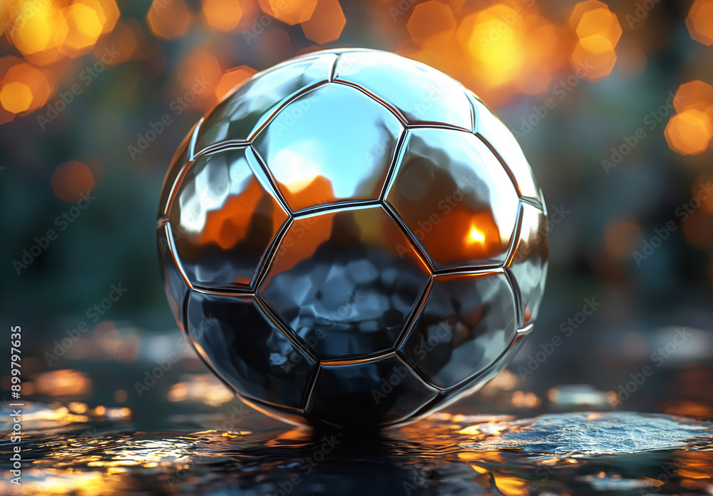 Wall mural shiny metallic soccer ball with reflections on wet surface background outdoors