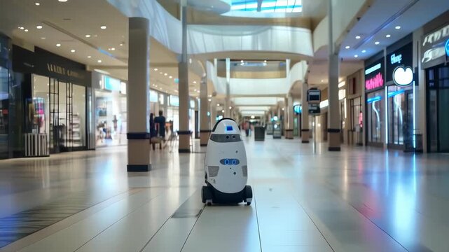 An autonomous security robot patrolling a modern, well-lit indoor shopping mall. Several store fronts and a few people can be seen in the background, creating a calm and secure atmosphere.