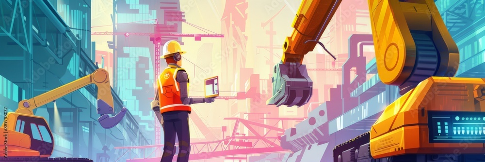 Aufkleber Engineer using a tablet to control robotic arms in an industrial environment. Integration of technology and robotics in manufacturing.