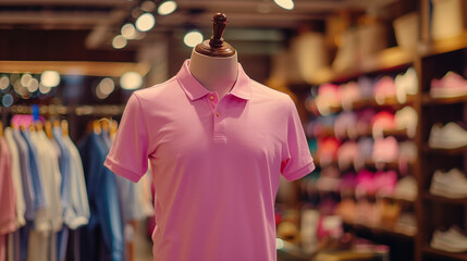 Fototapeta premium Mock up of pink polo shirt in shop, displayed on mannequin, shop background with clothes rack, Ai generated Images