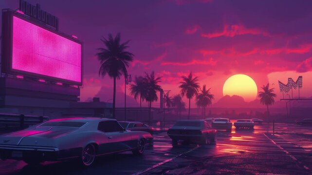 Neon drive-in theater with classic cars and a glowing synthwave sunset. Seamless Loop Animation