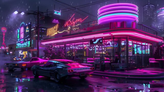 Cyberpunk diner with chrome and neon accents and hover cars parked outside. Seamless Loop Animation