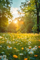 A field of wildflowers bathed in warm sunlight, with trees lining the edge and a clear blue sky above.
