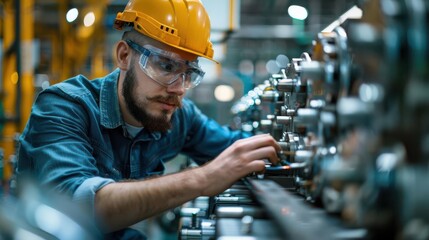 A focused industrial worker in a hard hat and safety glasses repairs a complex machine.