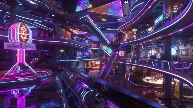Neon-lit synthwave amusement park with glowing rides and retro attractions. Seamless Loop Animation