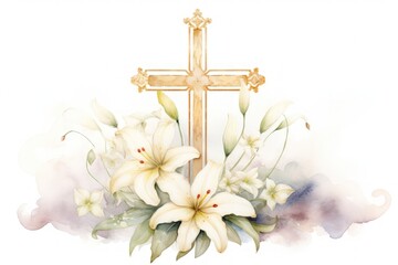 A cross is surrounded by white flowers