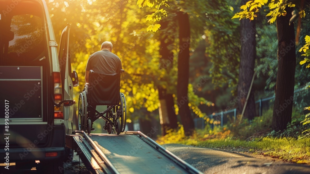 Poster close-up of a man in a wheelchair in a spacious modern office. highlighting accessibility and modern