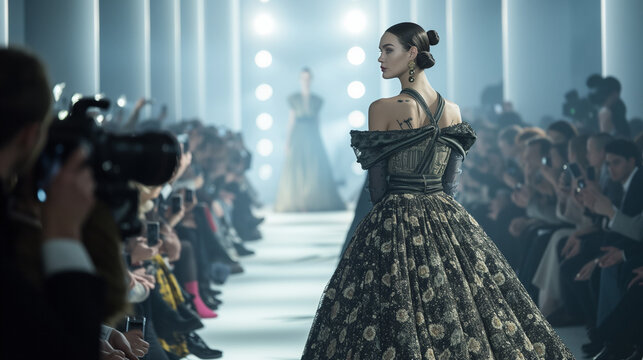 A supermodel in a black floral gown walks down the runway, flanked on both sides by fashion photographers