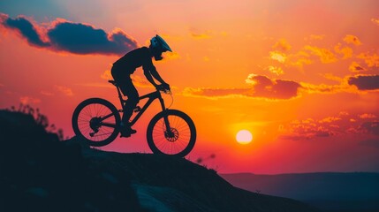 Fototapeta premium A man is riding a bike on a hill with a beautiful sunset in the background