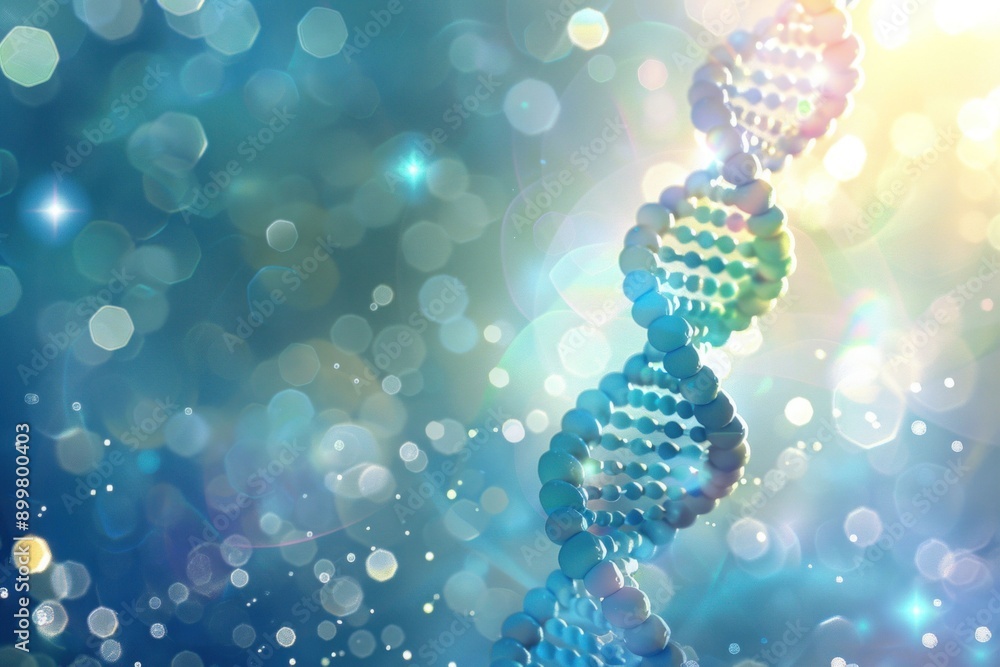 Poster abstract representation of a dna double helix against a sparkling blue background with luminous boke