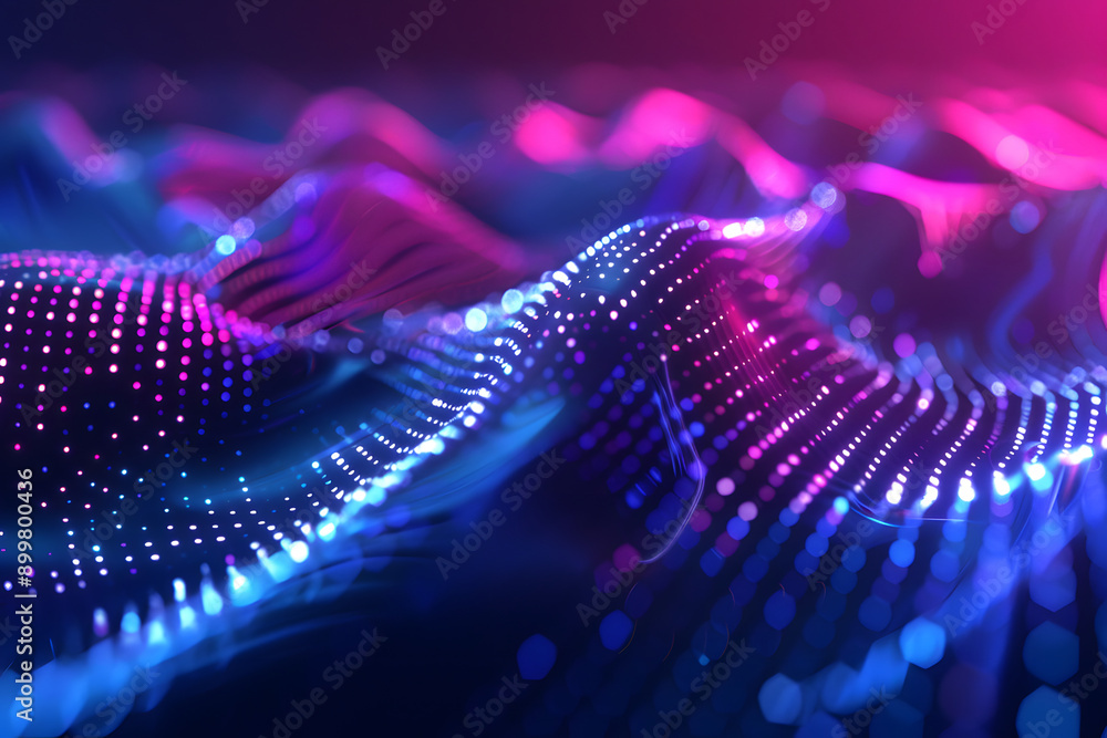 Aufkleber abstract background in the form of many dots and particles. waves of dots in purple blue neon colors