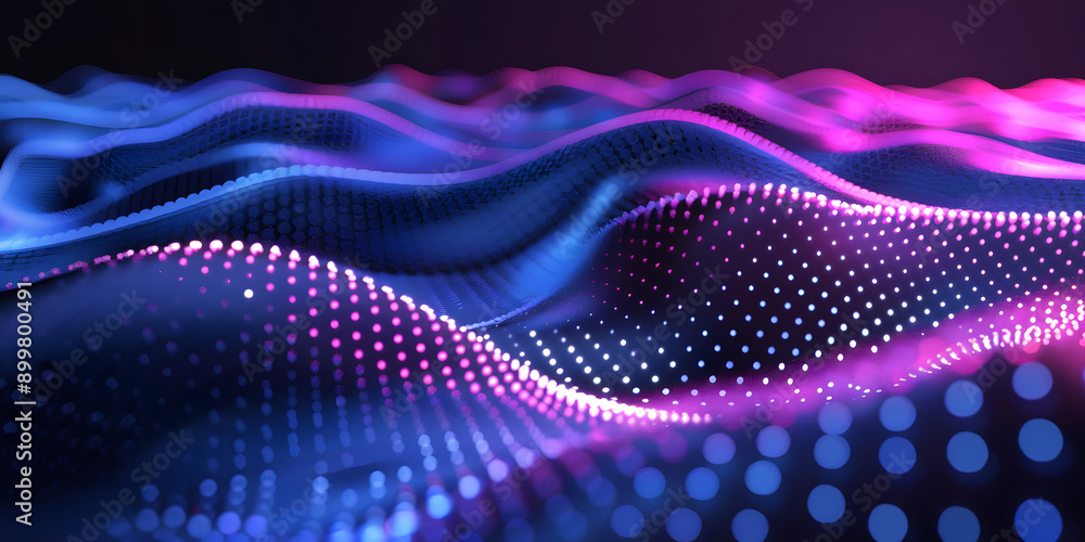 Poster abstract background in the form of many dots and particles. waves of dots in purple blue neon colors