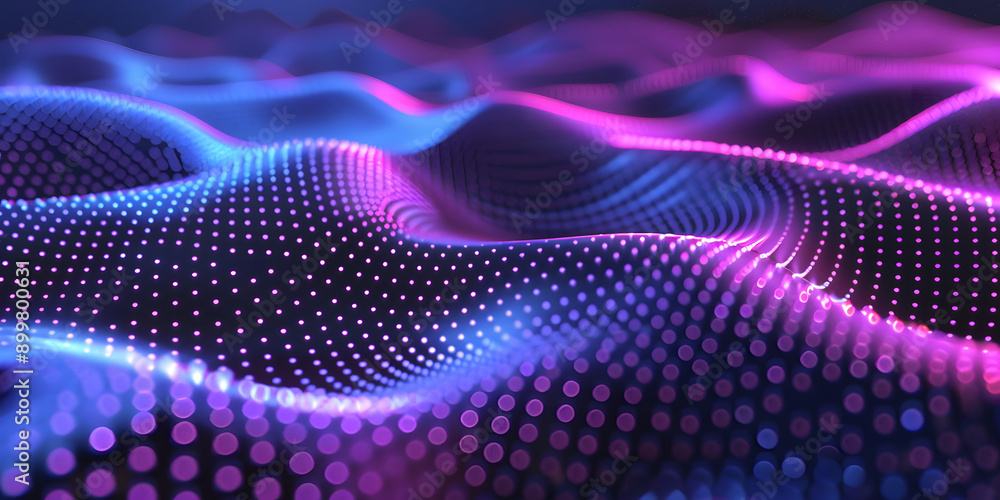 Poster abstract background in the form of many dots and particles. waves of dots in purple blue neon colors
